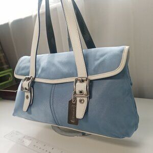 Coach Hampton Medium Blue White Satchel Handbag Solid Canvas Leather Straps